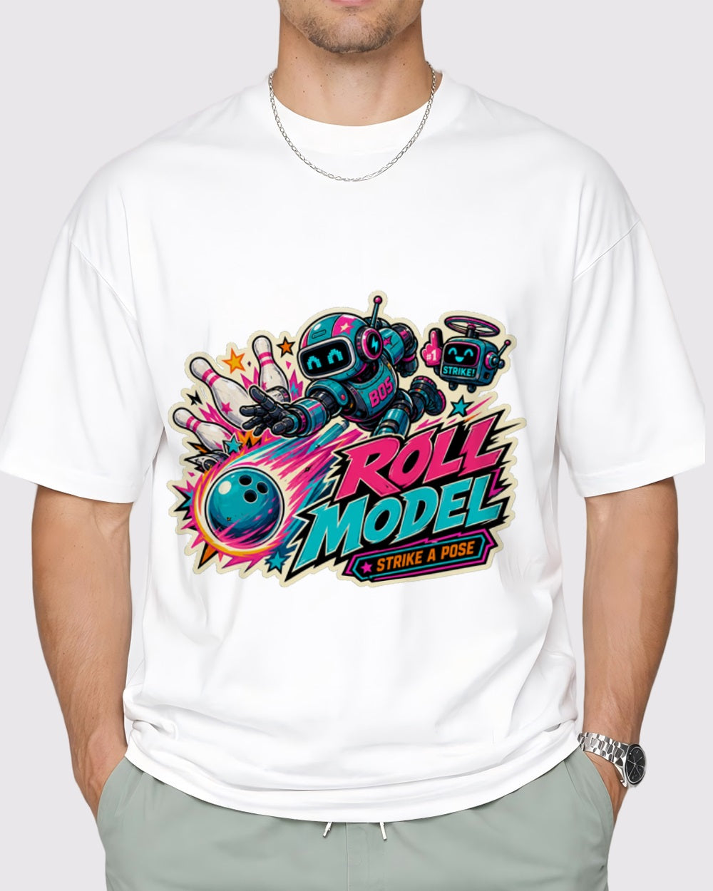 Strike Roll Model, Strike A Pose Streetwear Graphic T-Shirt, primary front view, image 1