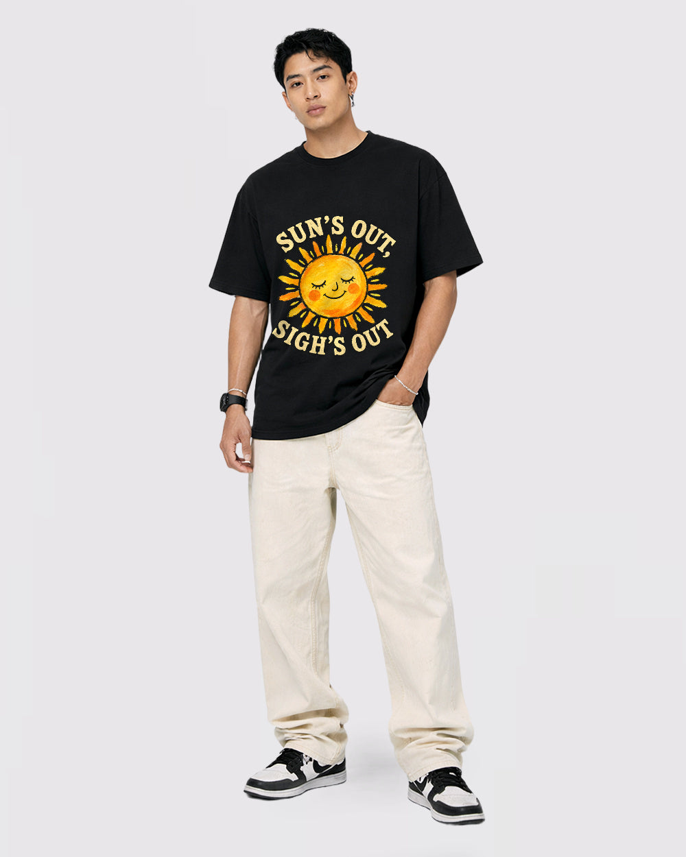 Beige Suns Out Sighs Out Graphic T-Shirt full body fit view 2 image