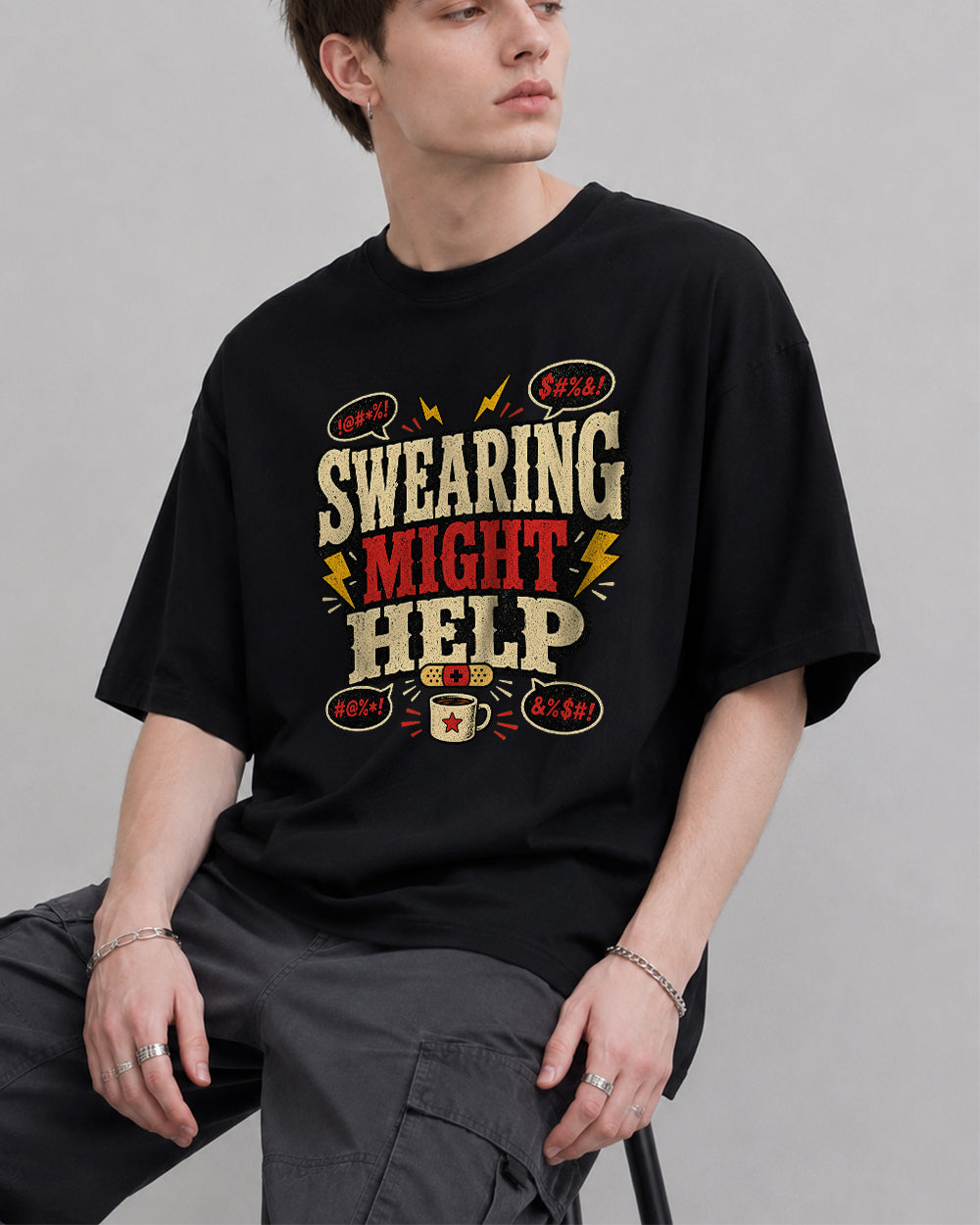 Swearing Might Help Pop Culture Graphic T-Shirt in Black, front model view 1