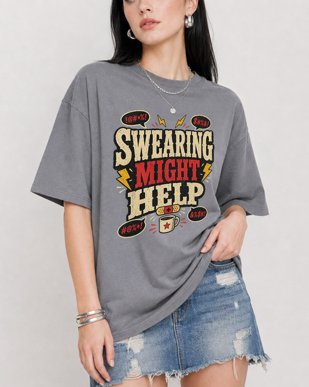 Swearing Might Help Pop Culture Graphic T-Shirt in Gray, front model view 3