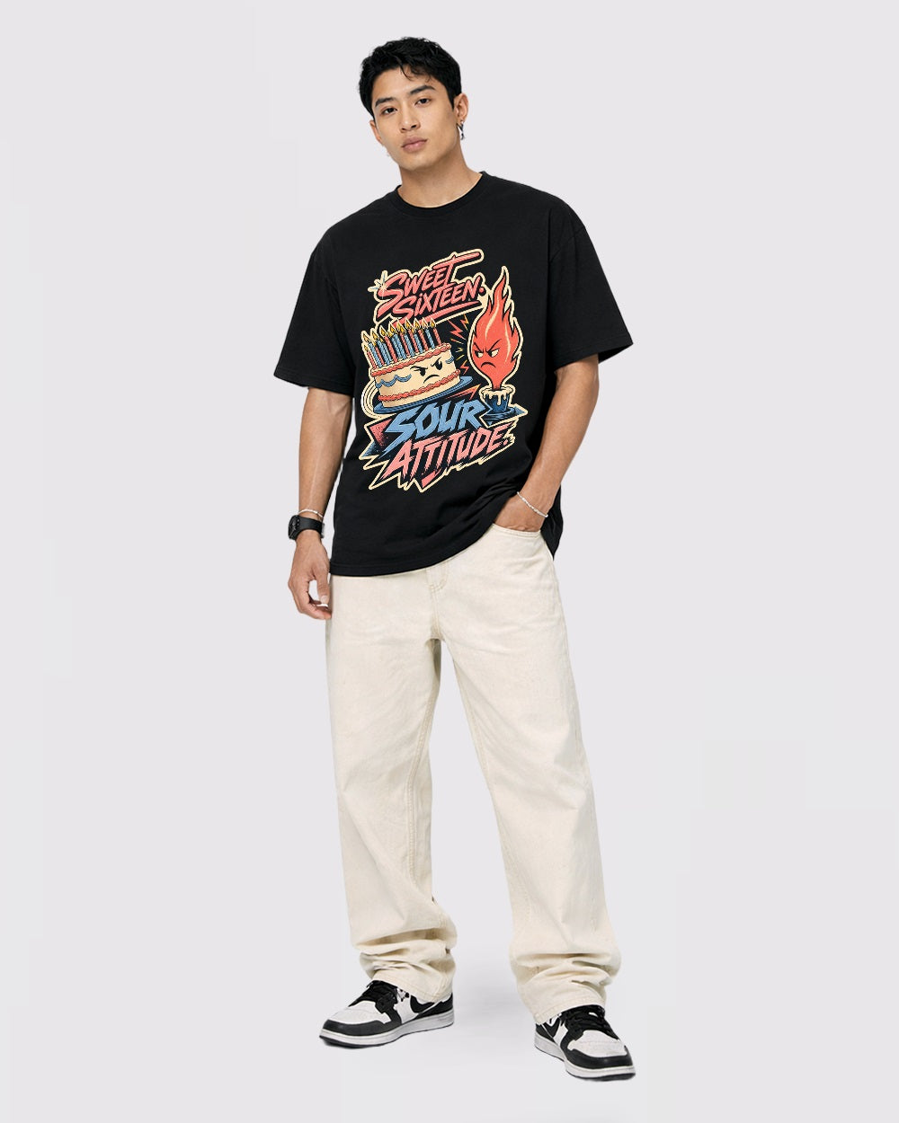Beige Sweet and Spicy Sour Attitude Graphic T-Shirt full body fit view 2 image
