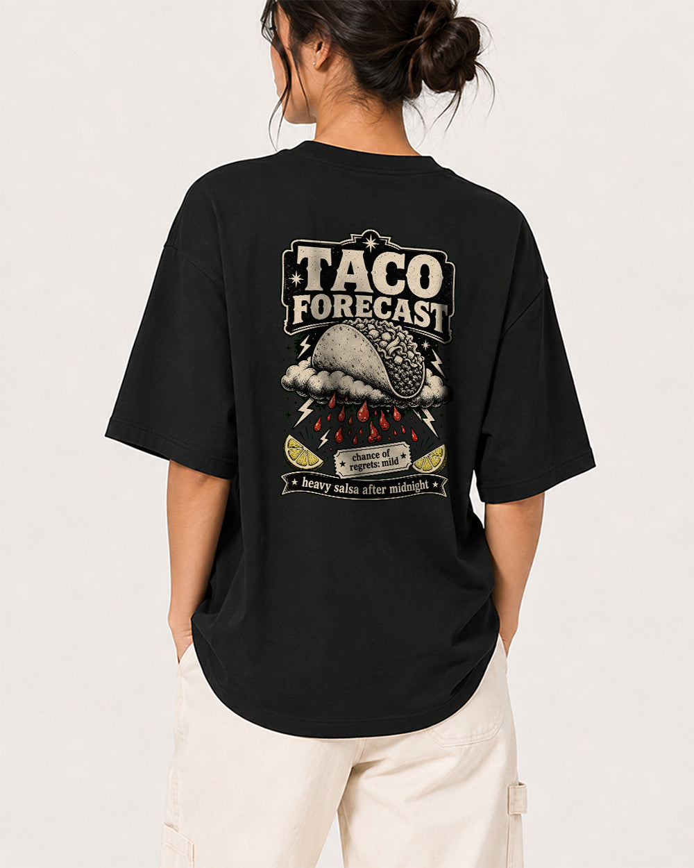 Taco Forecast Food Graphic T-Shirt in Black, back model view 2