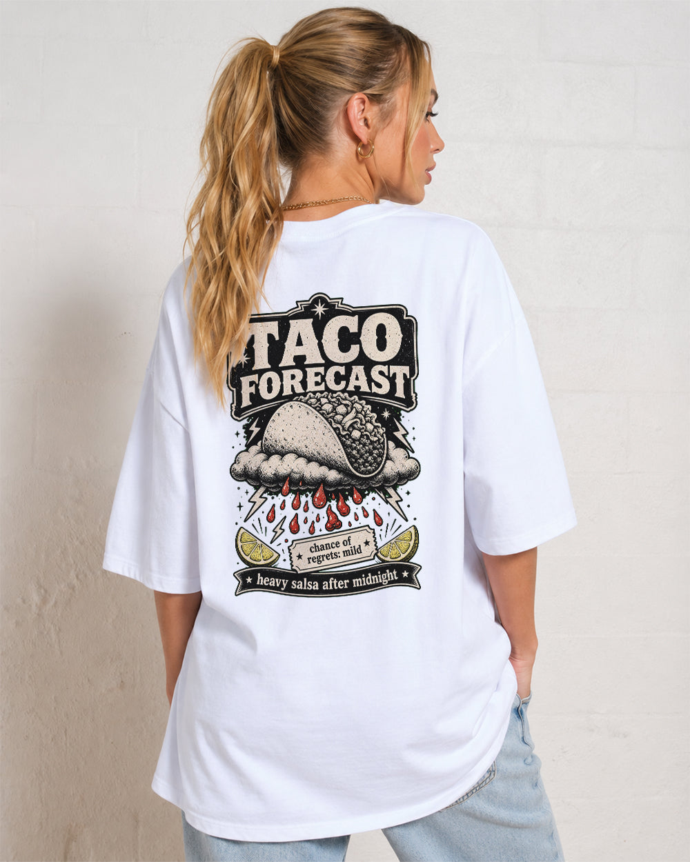 Taco Forecast Food Graphic T-Shirt in White, back model view 1