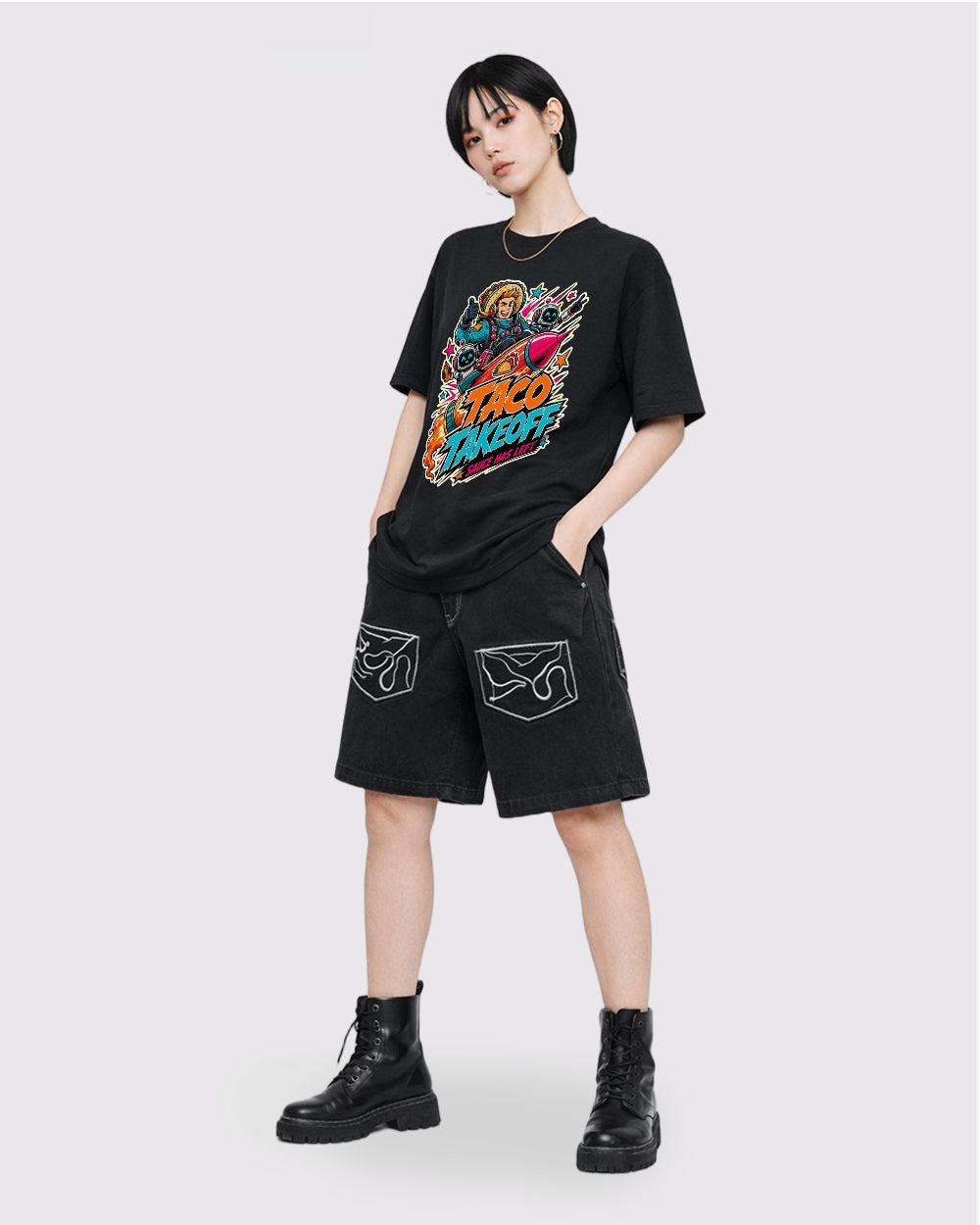 Taco Takeoff, Sauce Has Left Streetwear Graphic T-Shirt, full body fit view, image 2