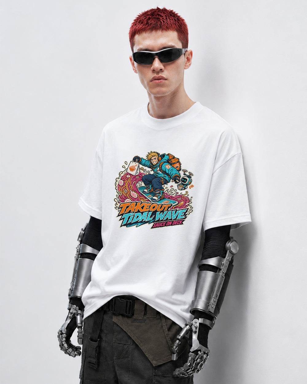 Takeout Till the Wave Graphic T-Shirt in White, front model view 5