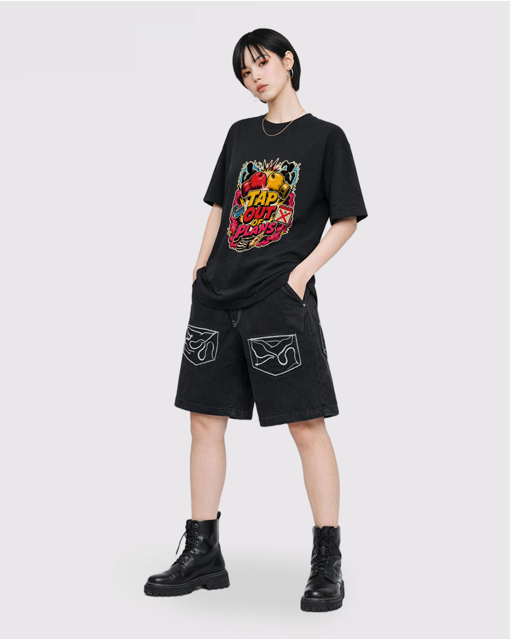 Beige Tap Out Plans Graphic T-Shirt full body fit view 2 image