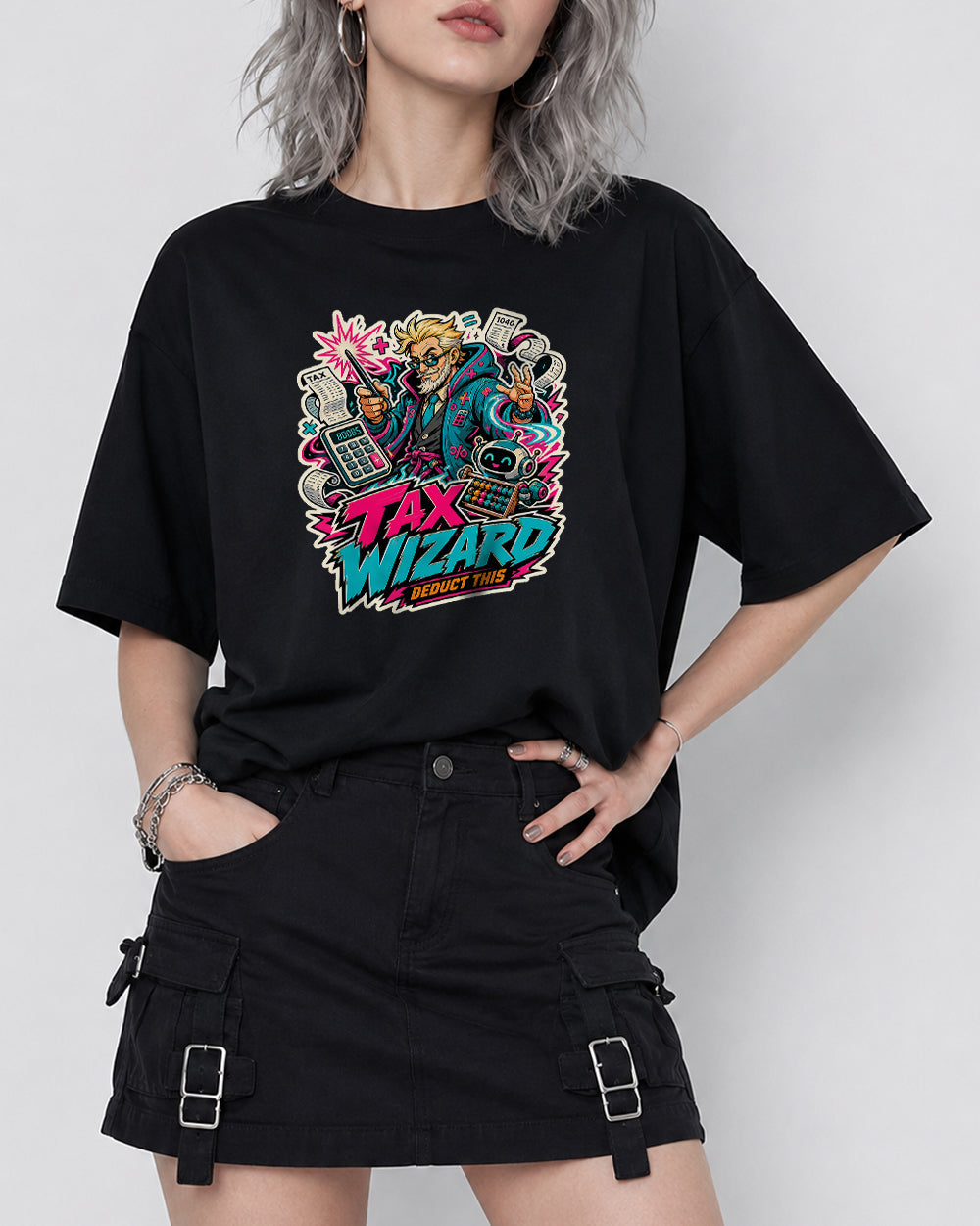 Tax Wizard, Deduct This Streetwear Graphic T-Shirt in Black, front model view 1