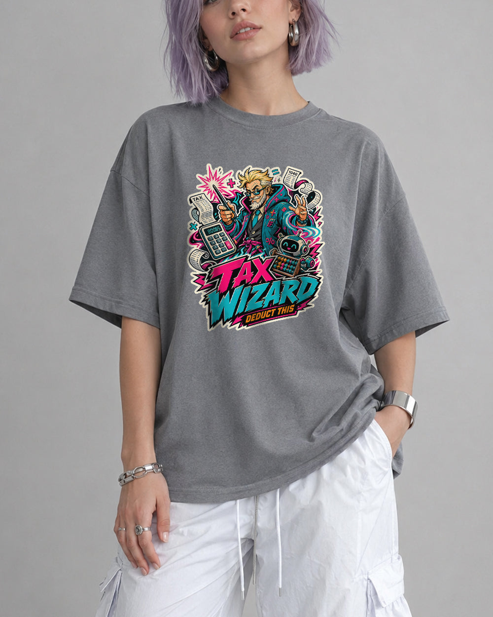 Tax Wizard, Deduct This Streetwear Graphic T-Shirt in Gray, front model view 3