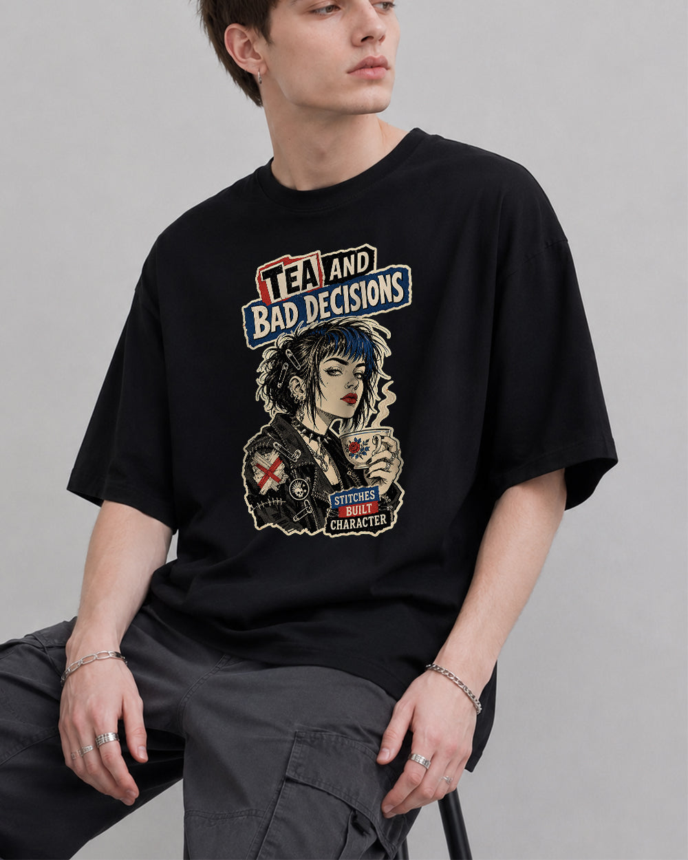 Tea And Bad Decisions Retro Graphic T-Shirt in Black, front model view 1