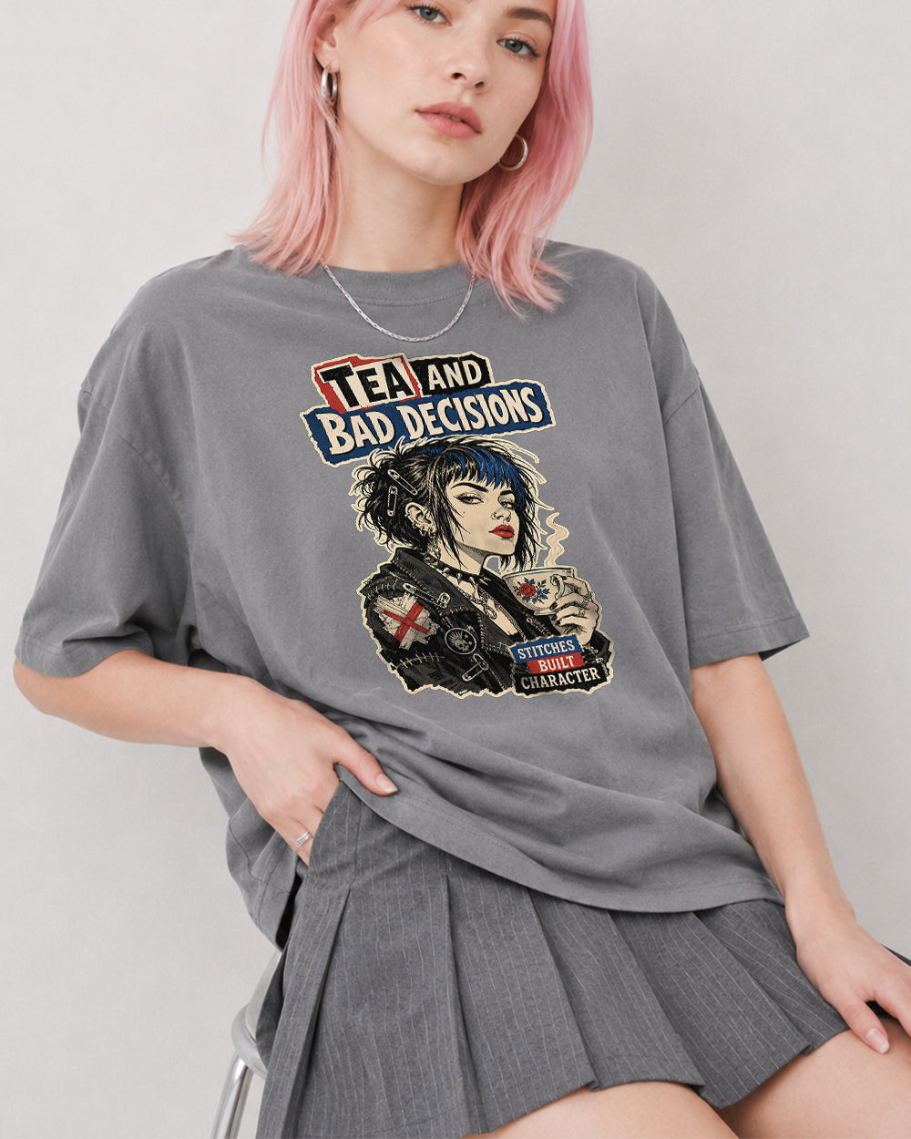 Tea And Bad Decisions Retro Graphic T-Shirt in Gray, front model view 3