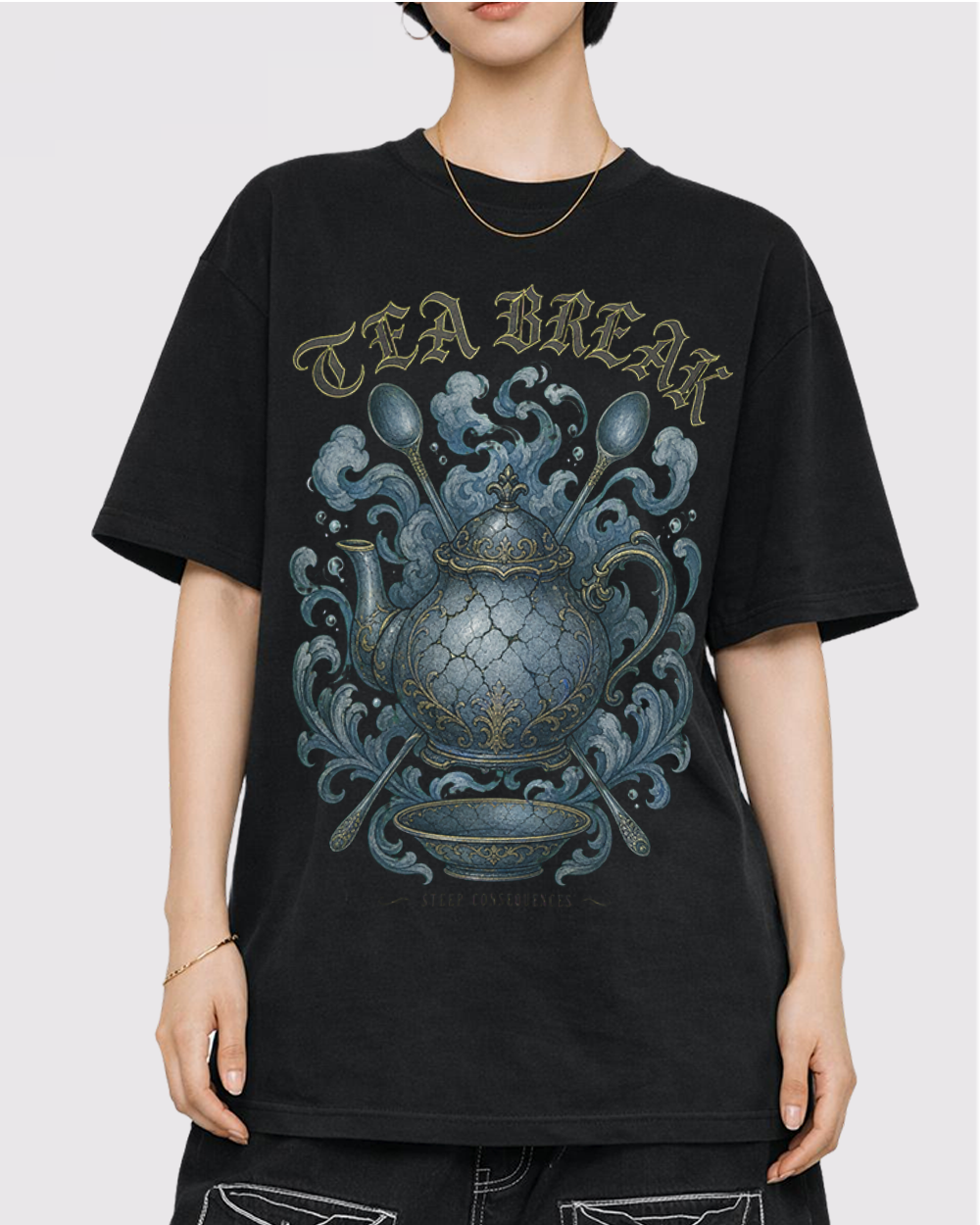 Tea Break, Steep Consequences Retro Graphic T-Shirt, primary front view, image 1