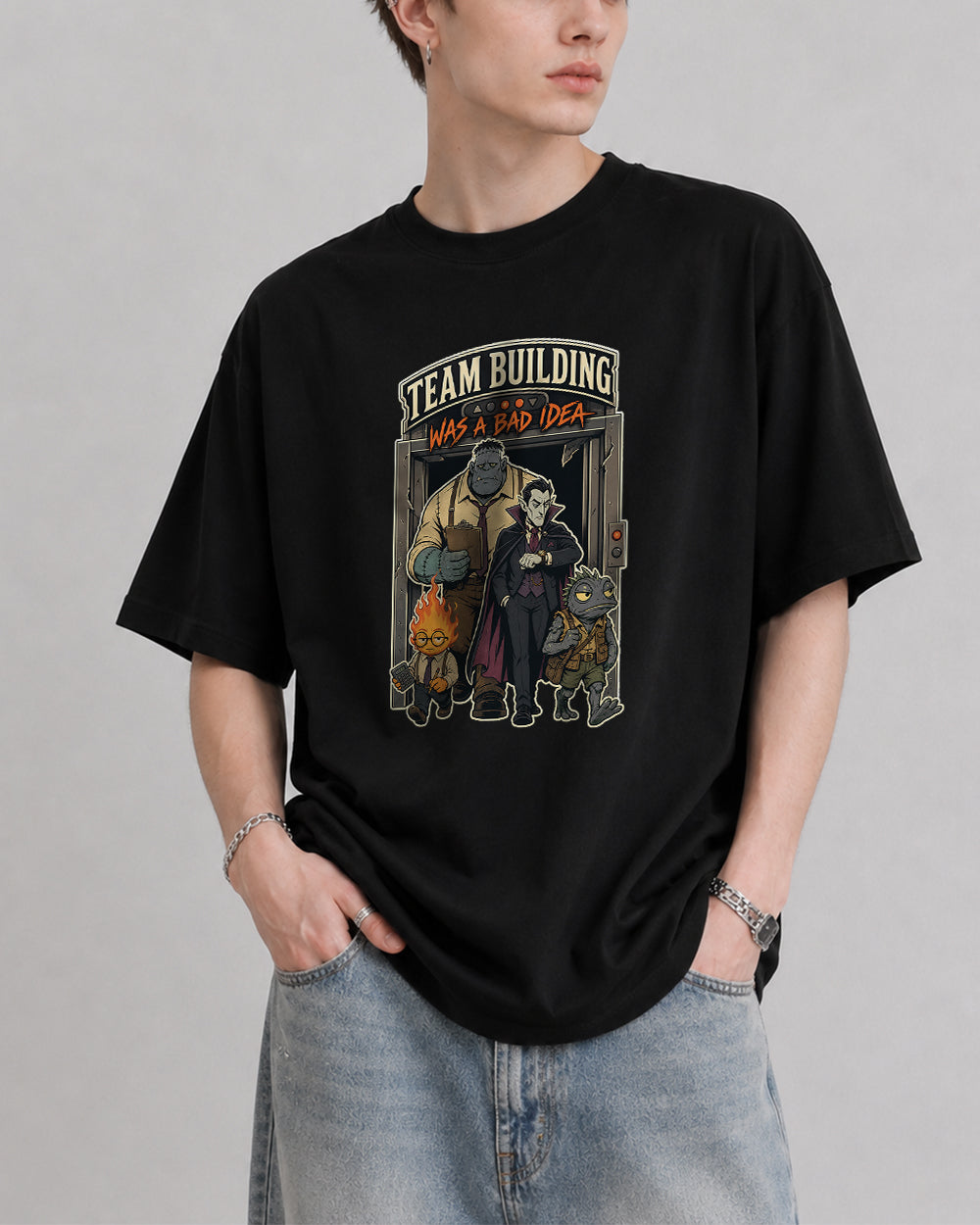 Team Building Was a Bad Idea Retro Graphic T-Shirt in Black, front model view 1
