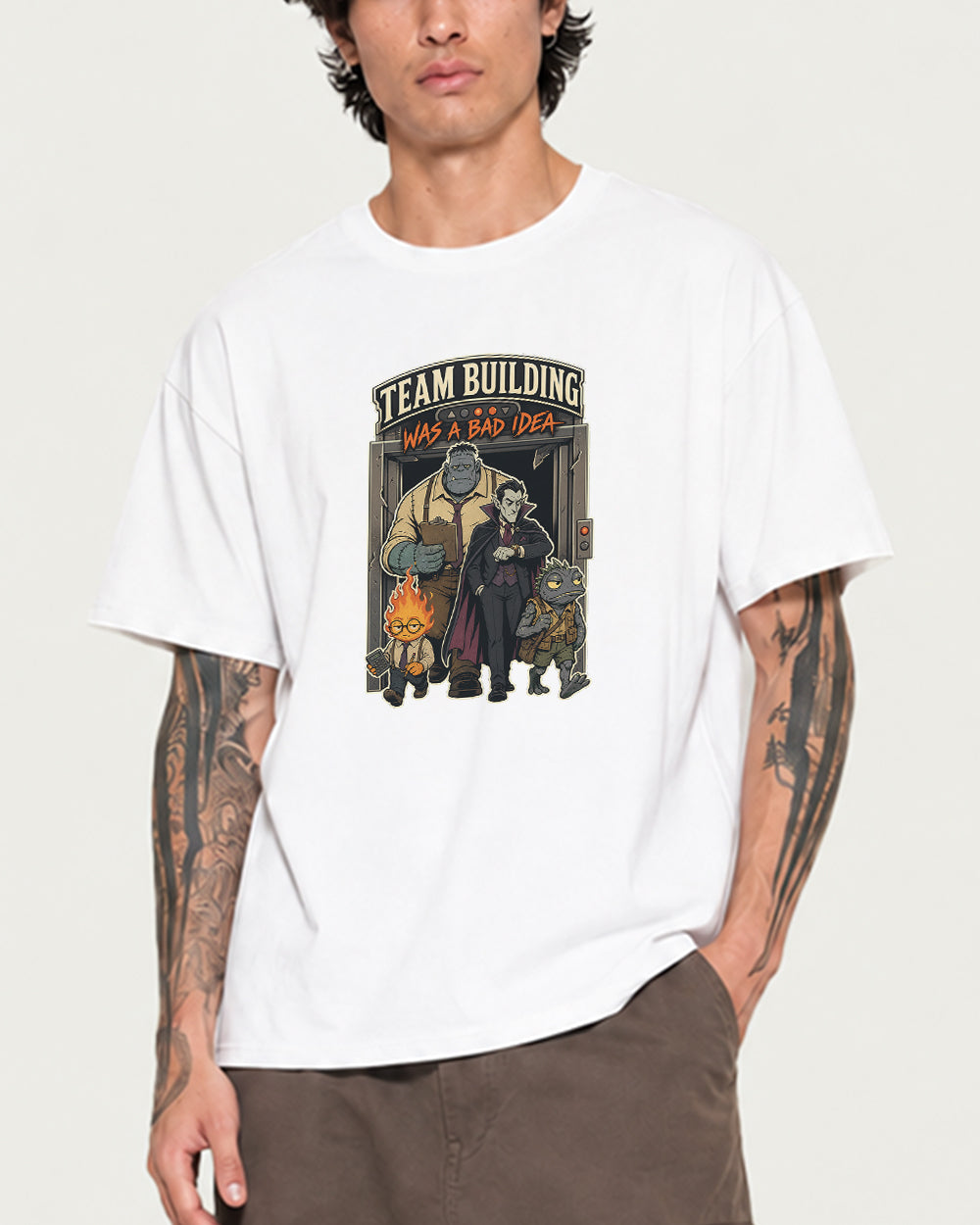 Team Building Was a Bad Idea Retro Graphic T-Shirt in White, front model view 7