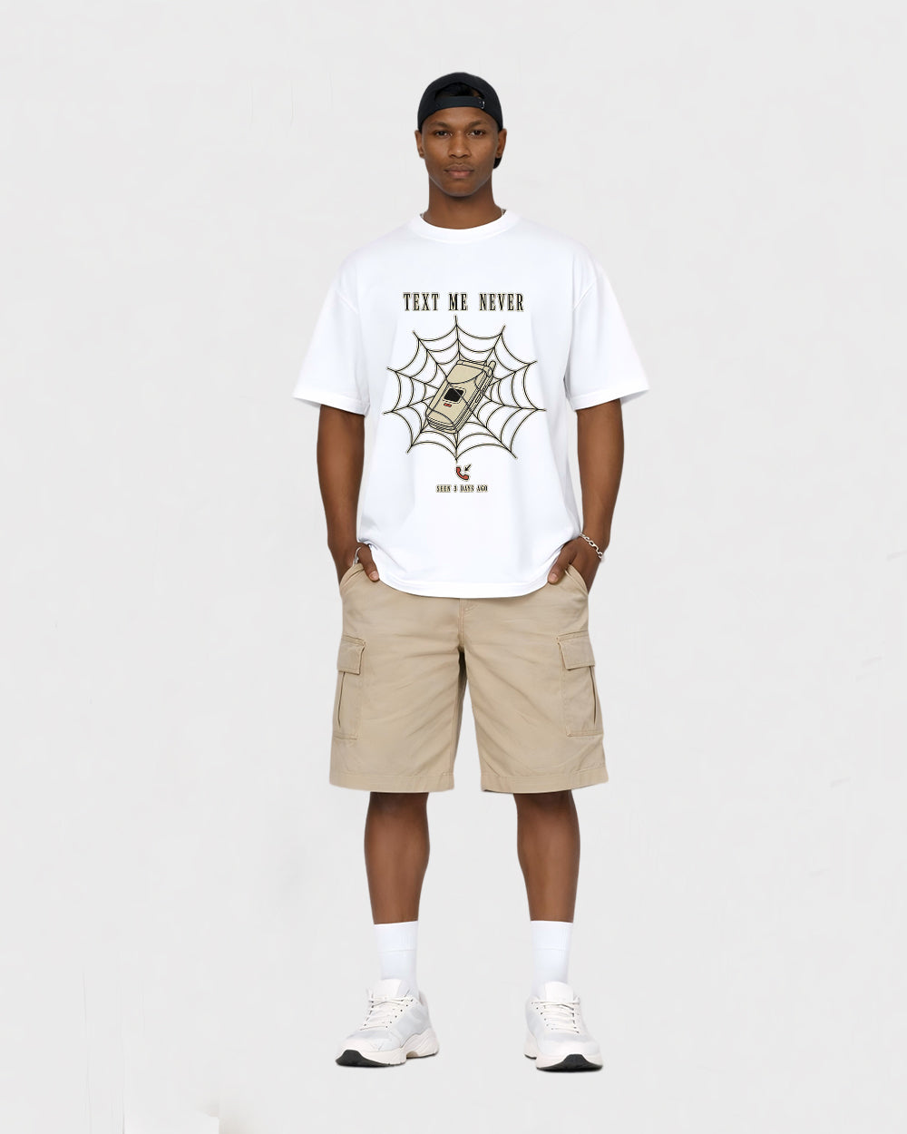 Beige Text Me Never Graphic T-Shirt full body fit view 2 image