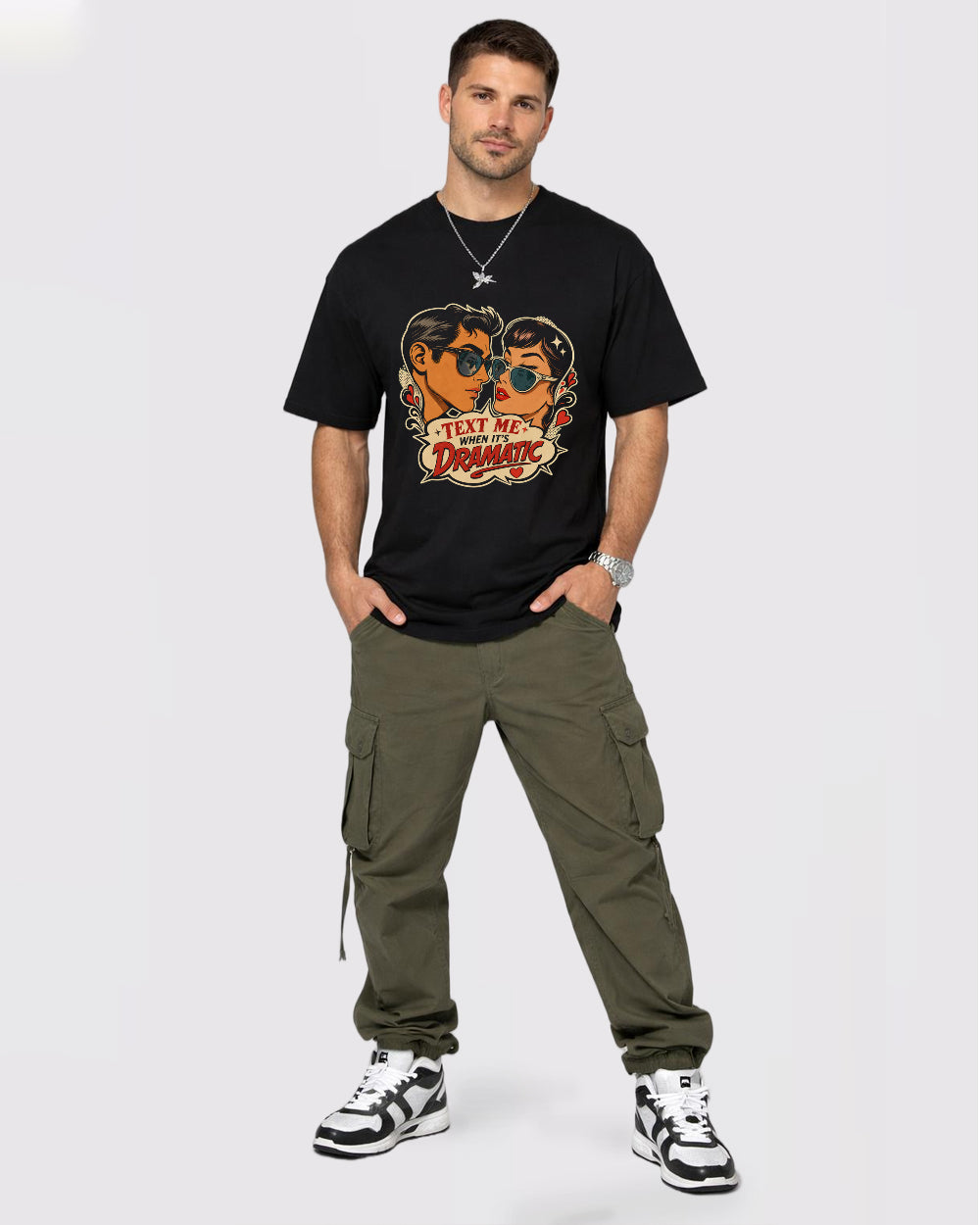 Text Me When It's Dramatic Funny Graphic T-Shirt, full body fit view, image 2