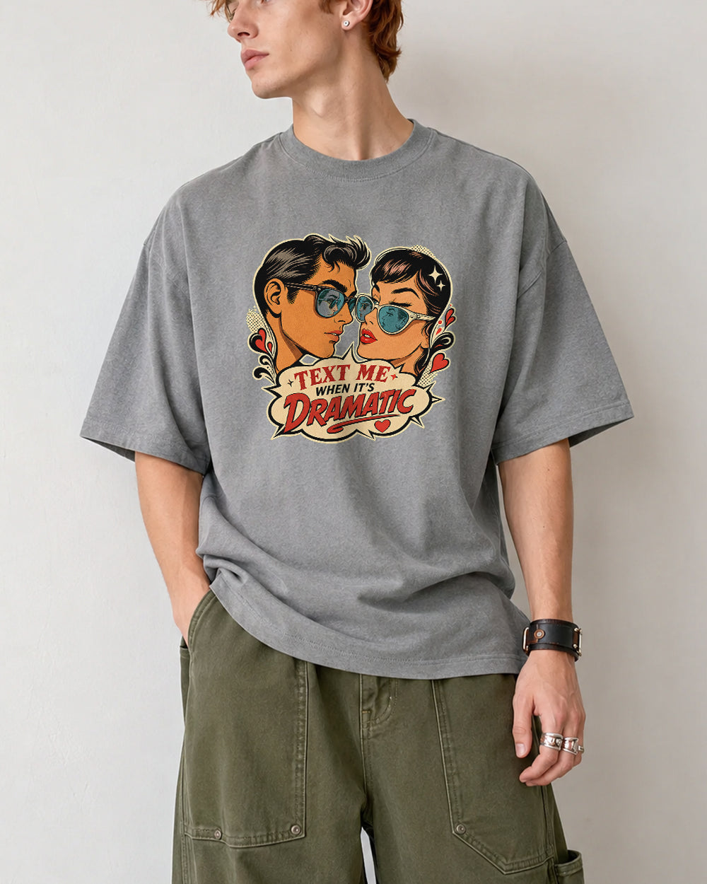 Text Me When It's Dramatic Funny Graphic T-Shirt in Gray, front model view 4