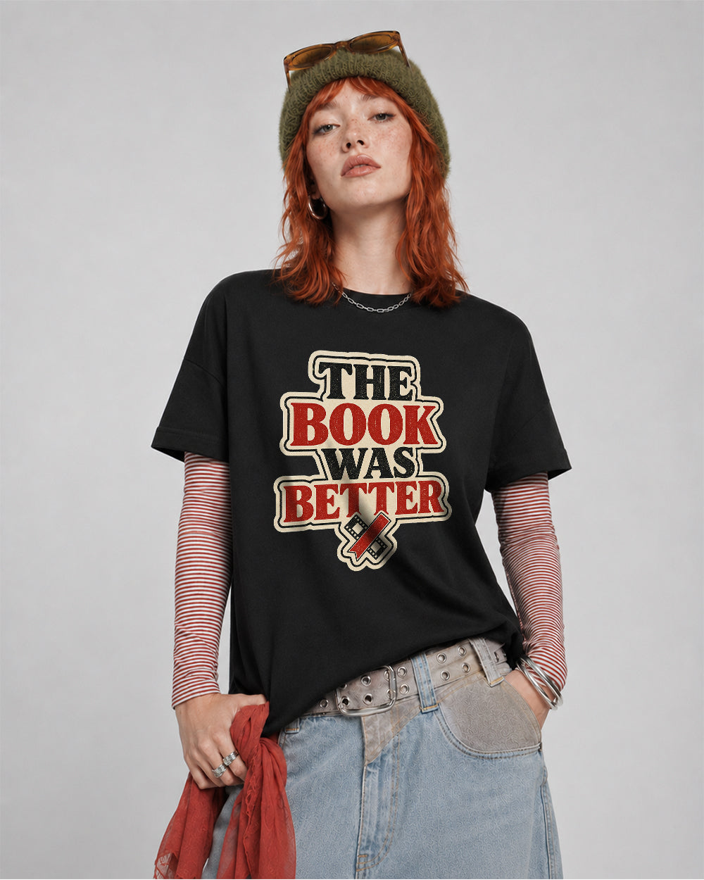 The Book Was Better Pop Culture Graphic T-Shirt in Black, front model view 1