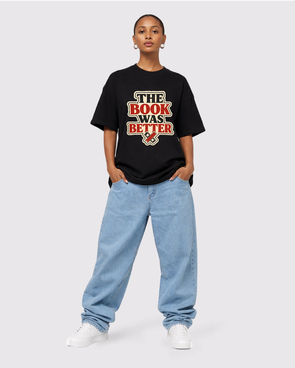 The Book Was Better Pop Culture Graphic T-Shirt, full body fit view, image 2