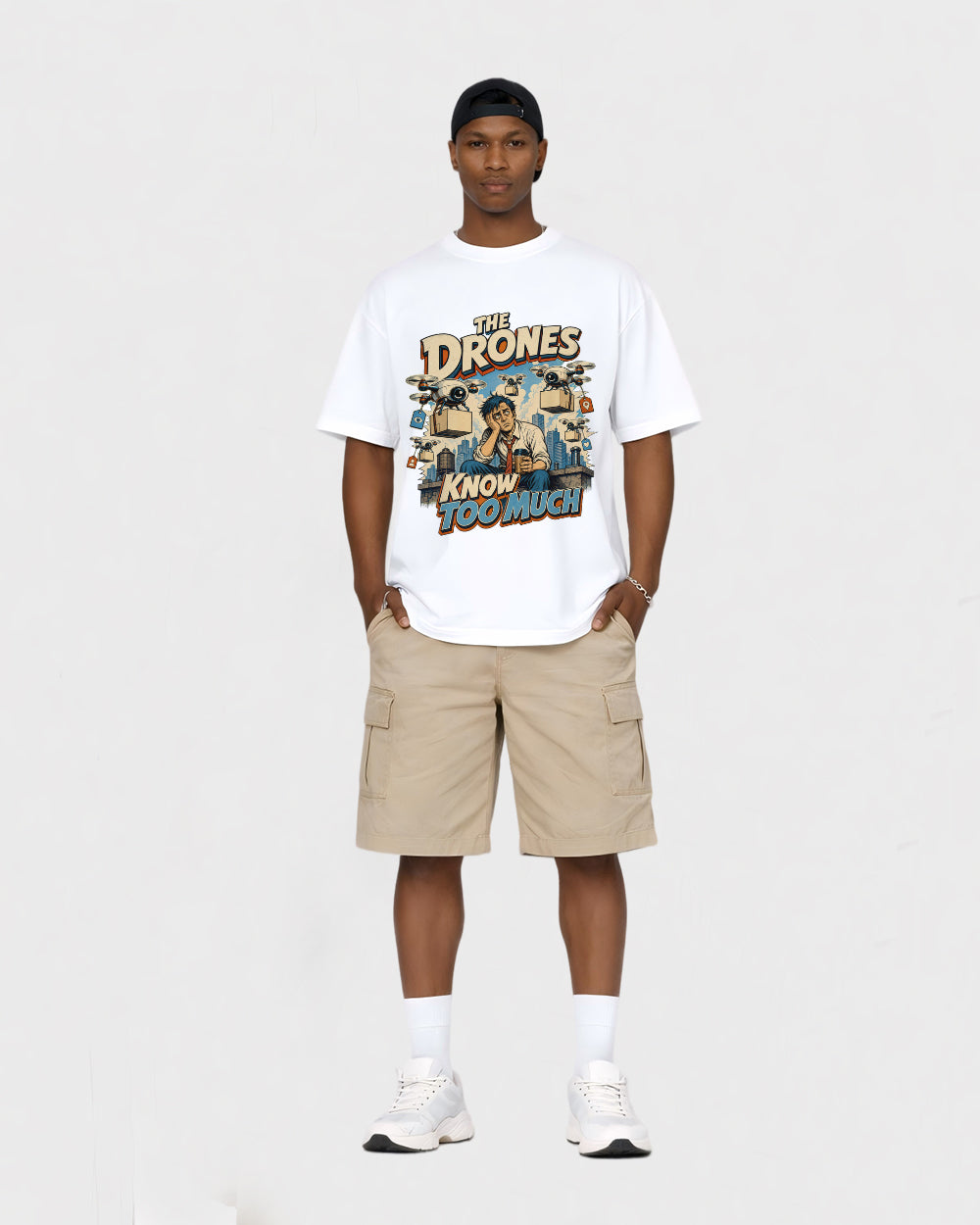 The Drones Know Too Much Funny Graphic T-Shirt, full body fit view, image 2