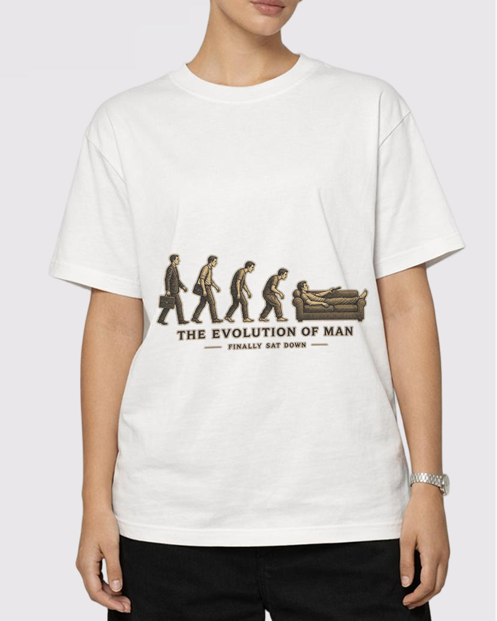 The Evolution of Man Finally Sat Down Pop Culture Graphic T-Shirt, primary front view, image 1