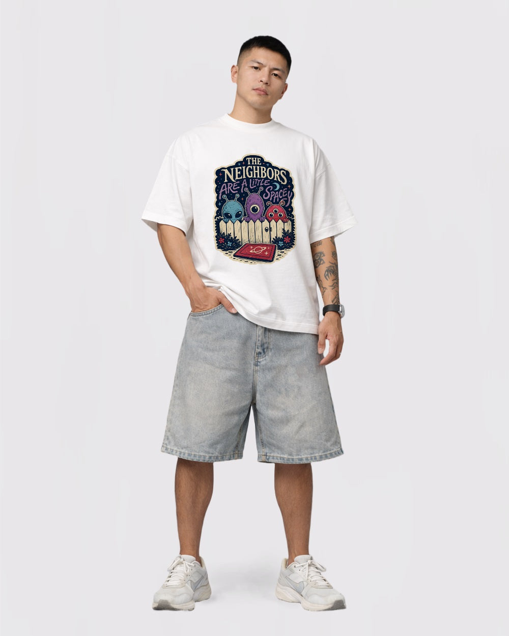 Beige The Neighbors Are Aliens Graphic T-Shirt full body fit view 2 image