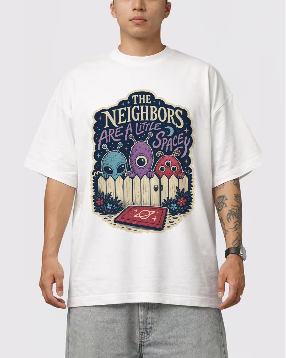 White The Neighbors Are Aliens Graphic T-Shirt primary front view 1 image
