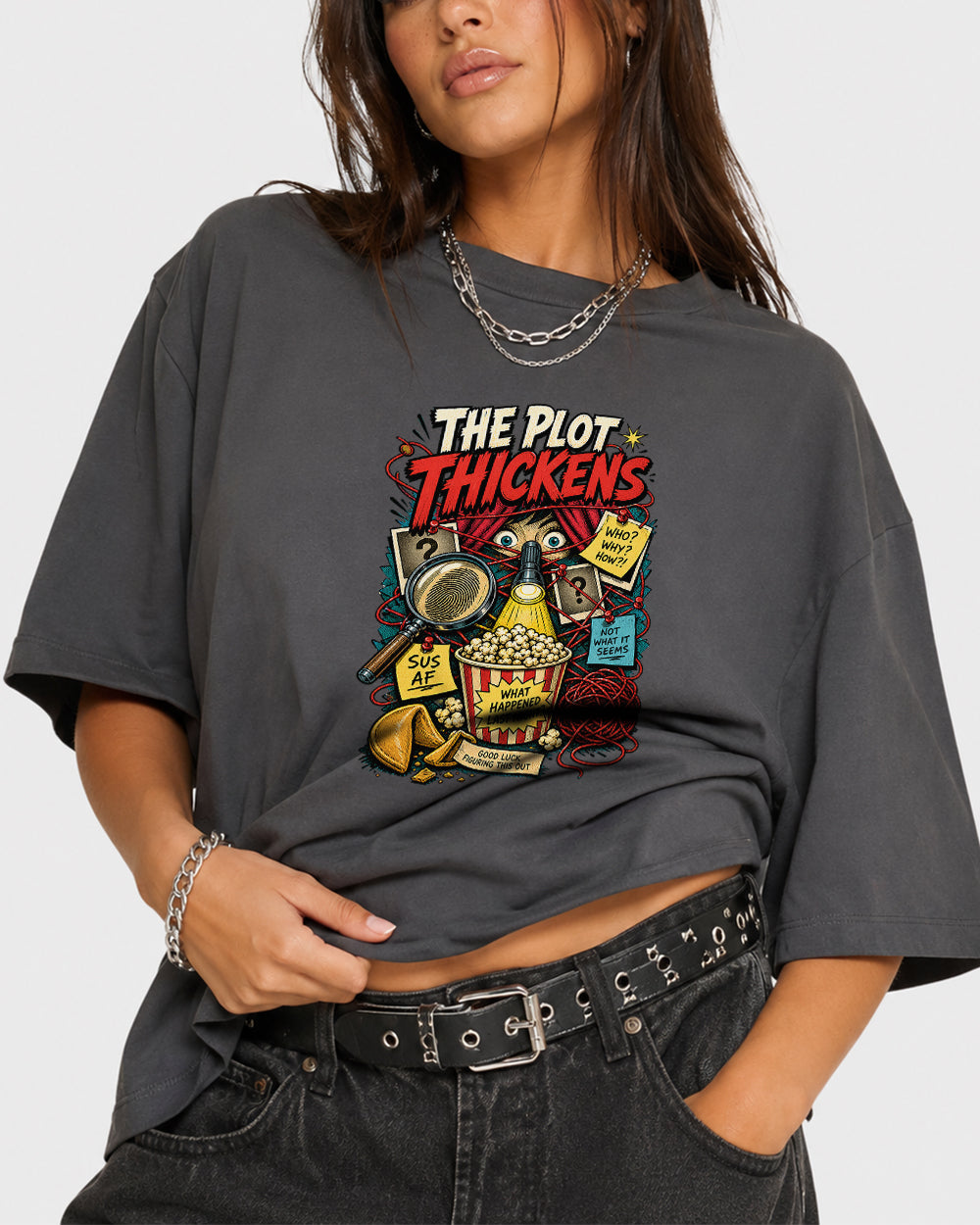 The Plot Thickens Retro Graphic T-Shirt in Gray, front model view 3