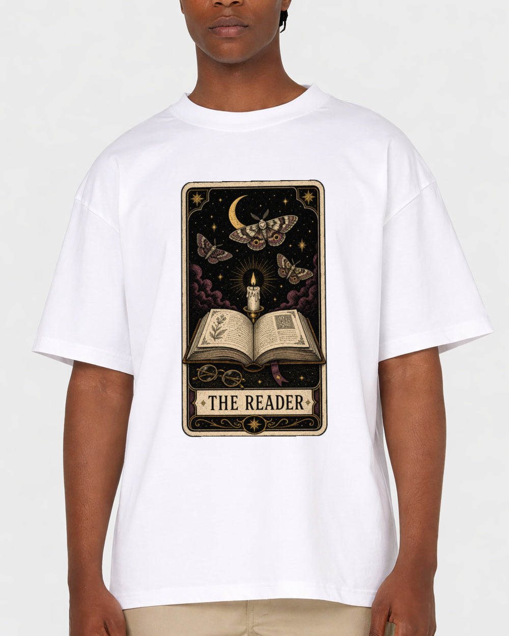 The Reader Moth Book Tarot Dark Graphic T-Shirt, primary front view, image 1