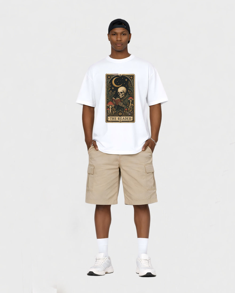 The Reader Skeleton Tarot Dark Graphic T-Shirt, full body fit view, image 2