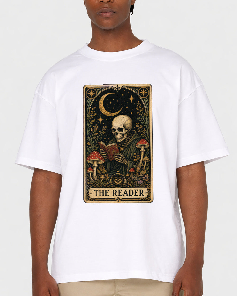 The Reader Skeleton Tarot Dark Graphic T-Shirt, primary front view, image 1