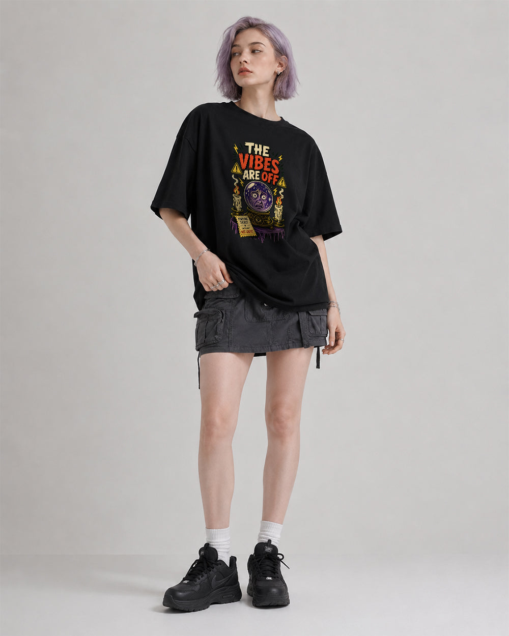 The Vibes Are Off Dark Graphic T-Shirt in Black, front model view 2