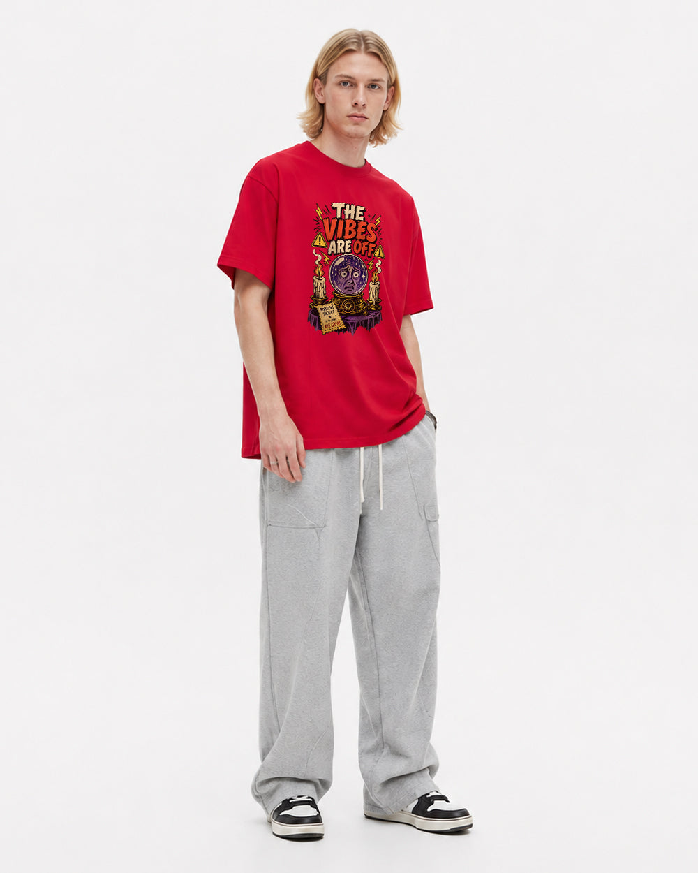 The Vibes Are Off Dark Graphic T-Shirt in Red, front model view 1