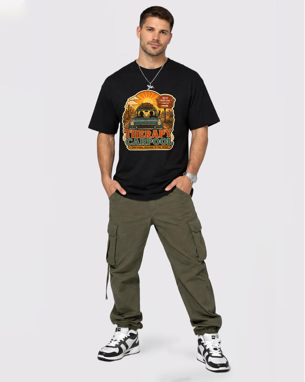 Beige Therapy Carpool Graphic T-Shirt full body fit view 2 image
