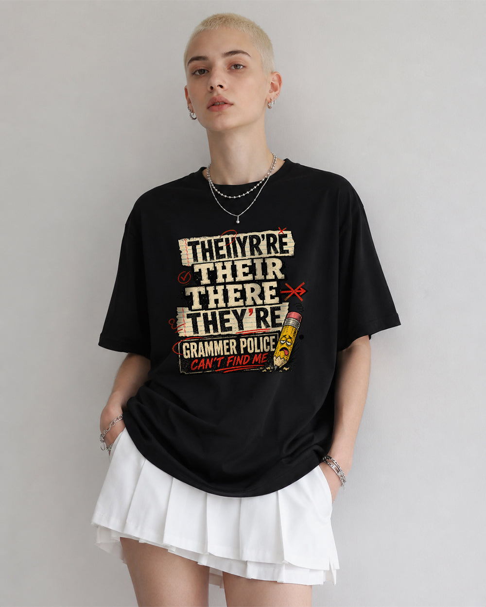 They're Their There Grammar Police Pop Culture Graphic T-Shirt in Black, front model view 1