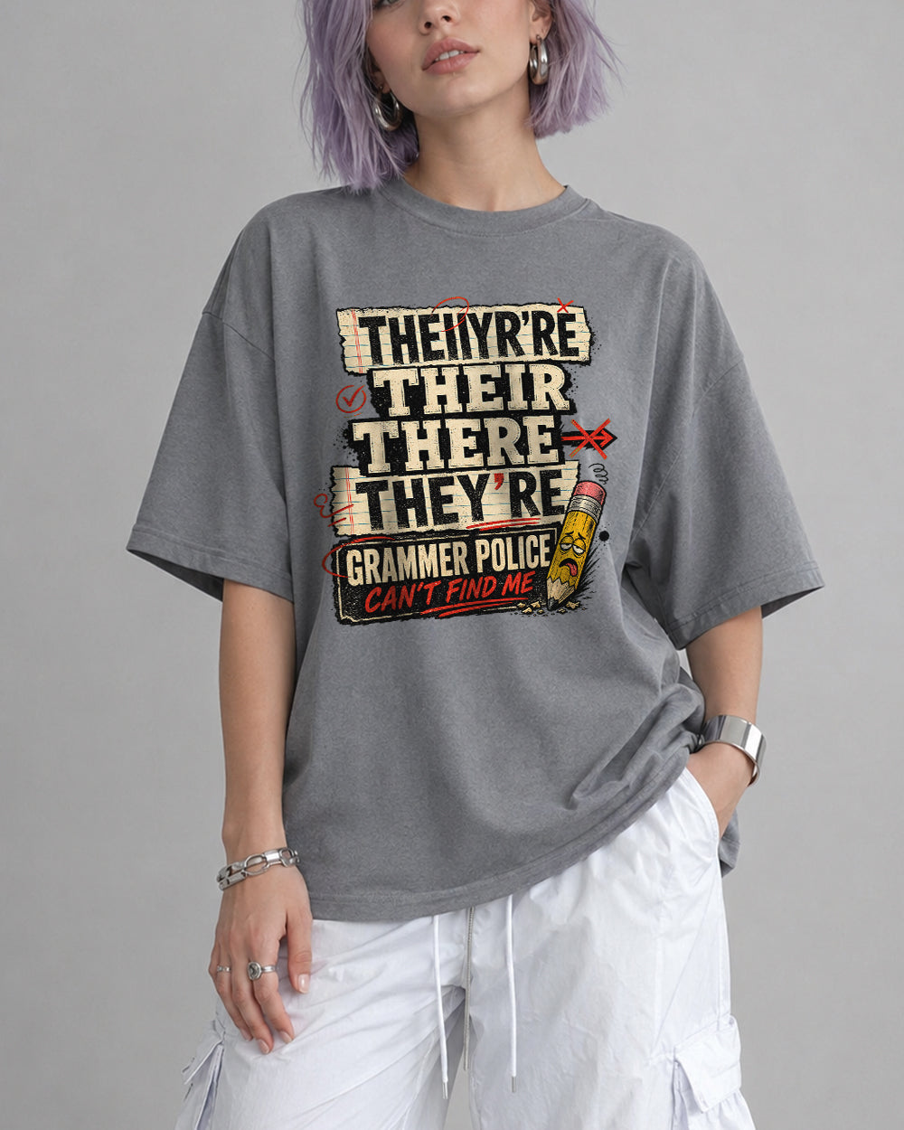 They're Their There Grammar Police Pop Culture Graphic T-Shirt in Gray, front model view 3