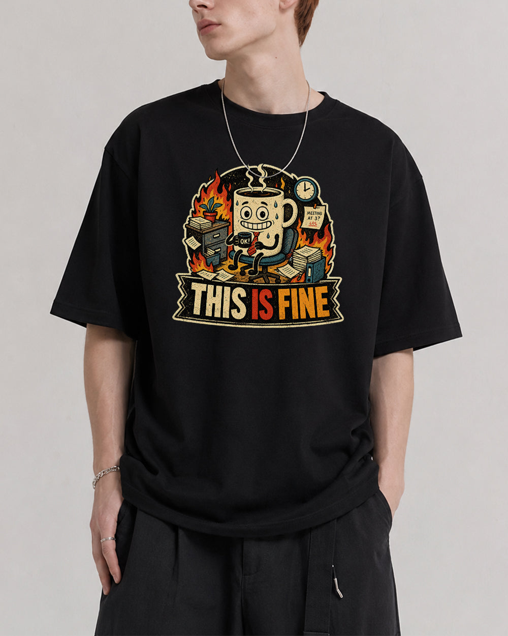 This Is Fine Funny Graphic T-Shirt in Black, front model view 1