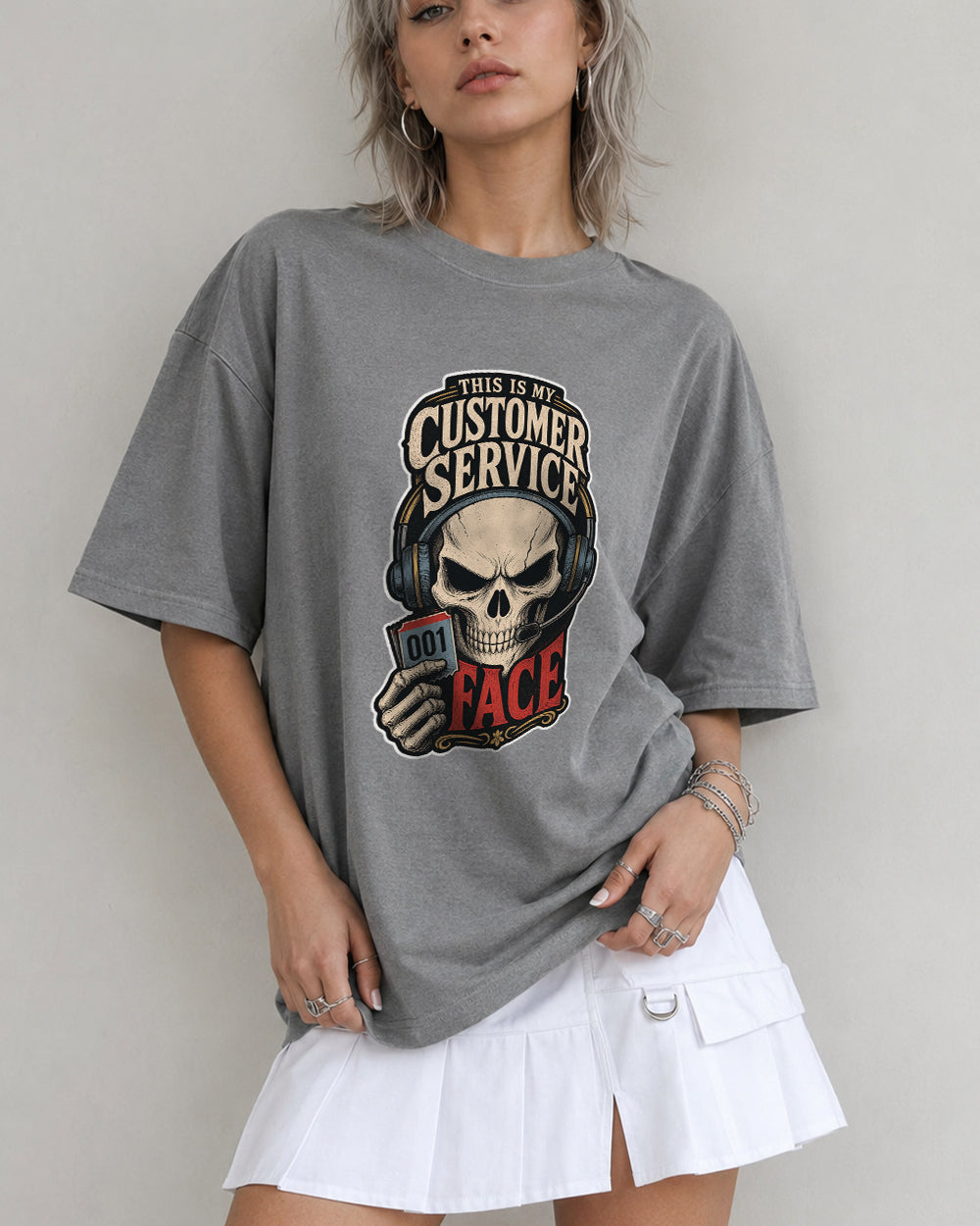 This Is My Customer Service Face Dark Graphic T-Shirt in Gray, front model view 6