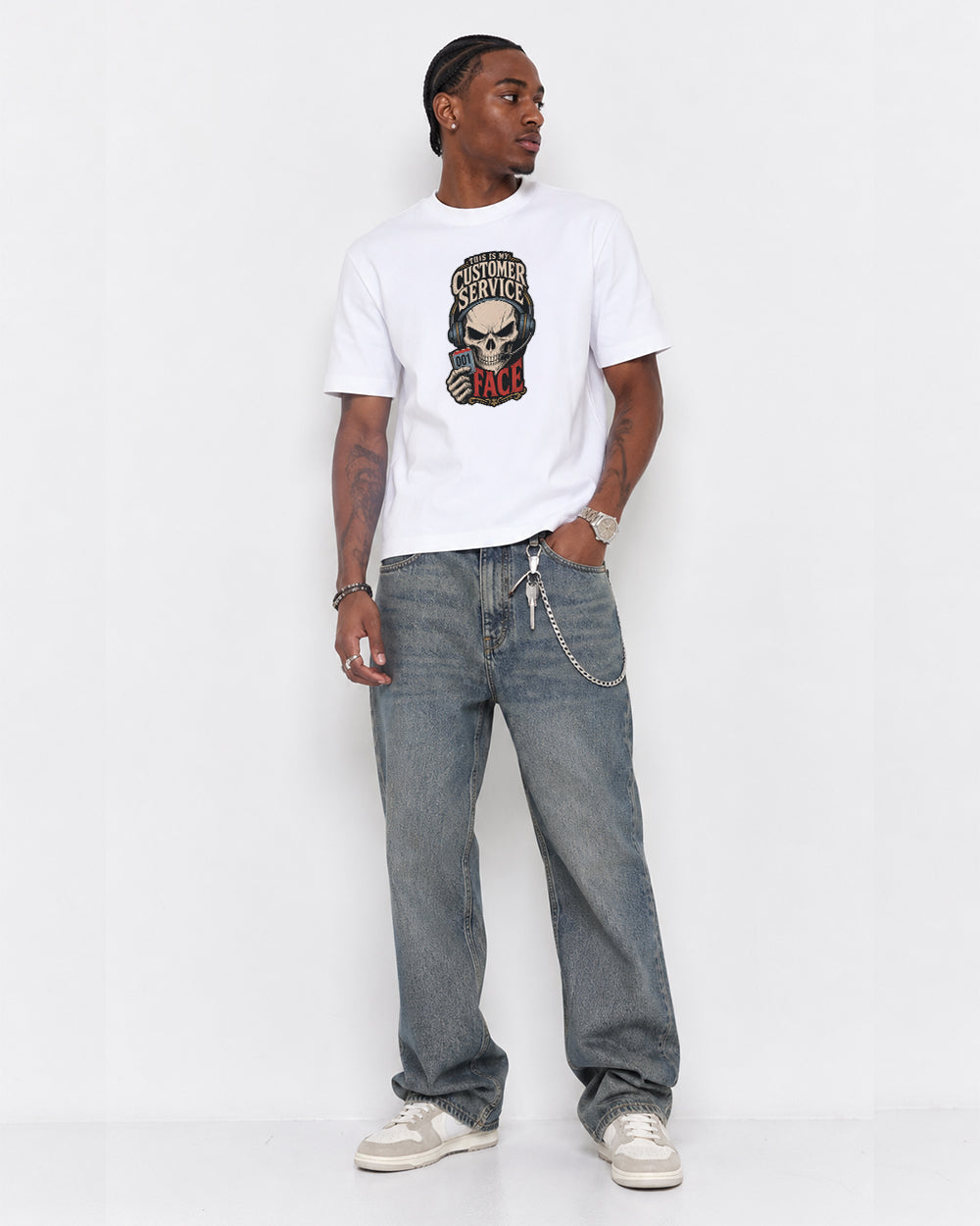 This Is My Customer Service Face Dark Graphic T-Shirt in White, front model view 1