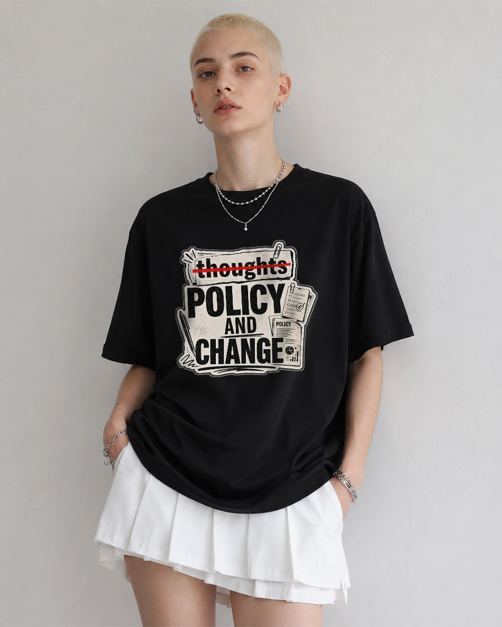 Thoughts, Policy And Change Pop Culture Graphic T-Shirt in Black, front model view 1