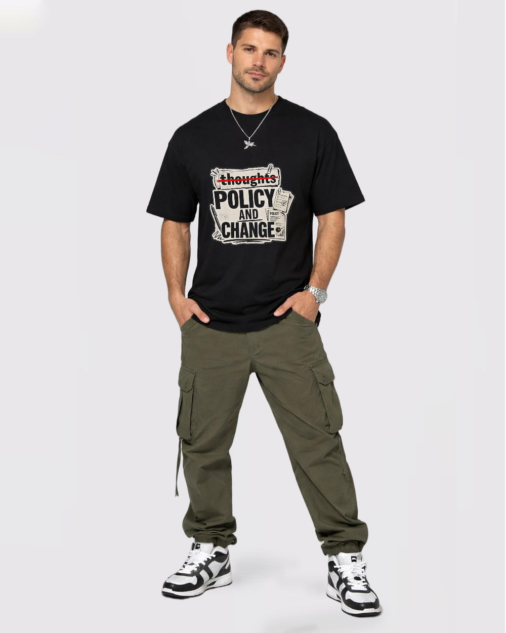 Thoughts, Policy And Change Pop Culture Graphic T-Shirt, full body fit view, image 2