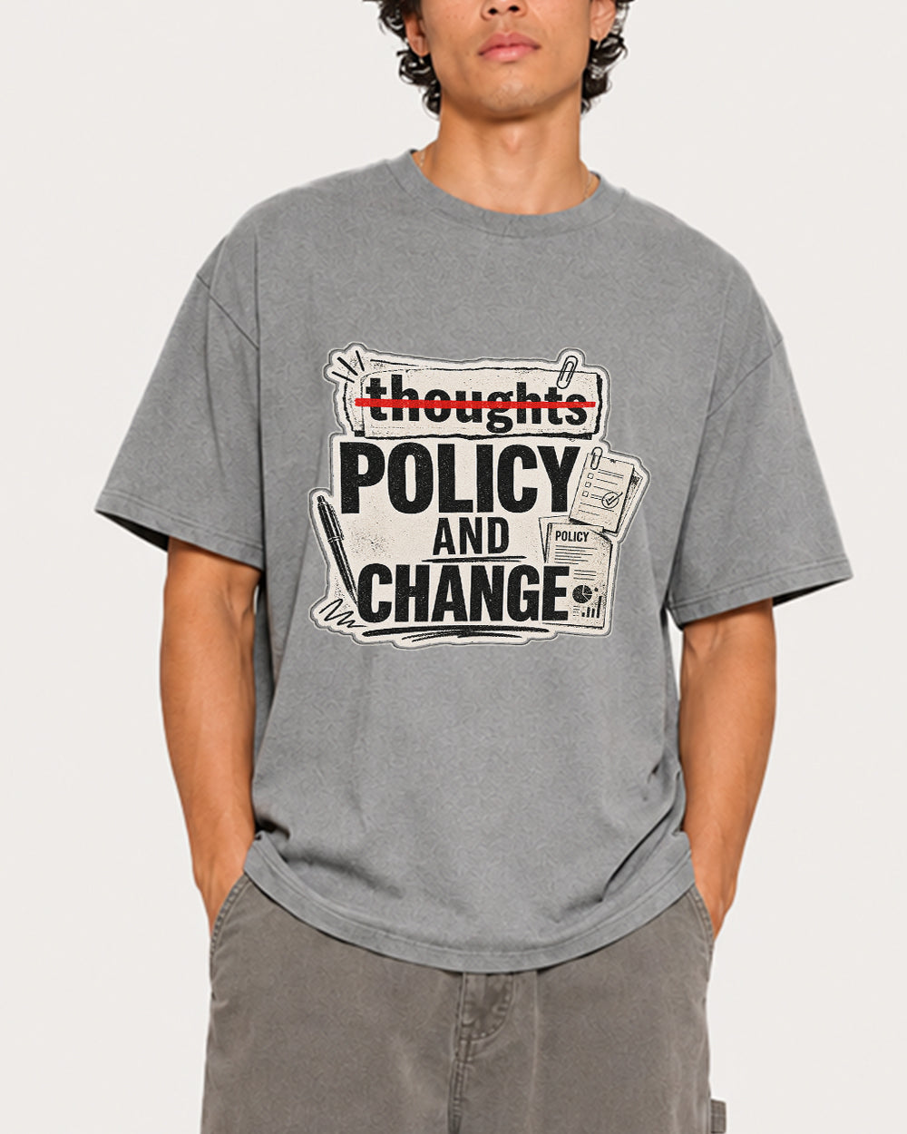 Thoughts, Policy And Change Pop Culture Graphic T-Shirt in Gray, front model view 3
