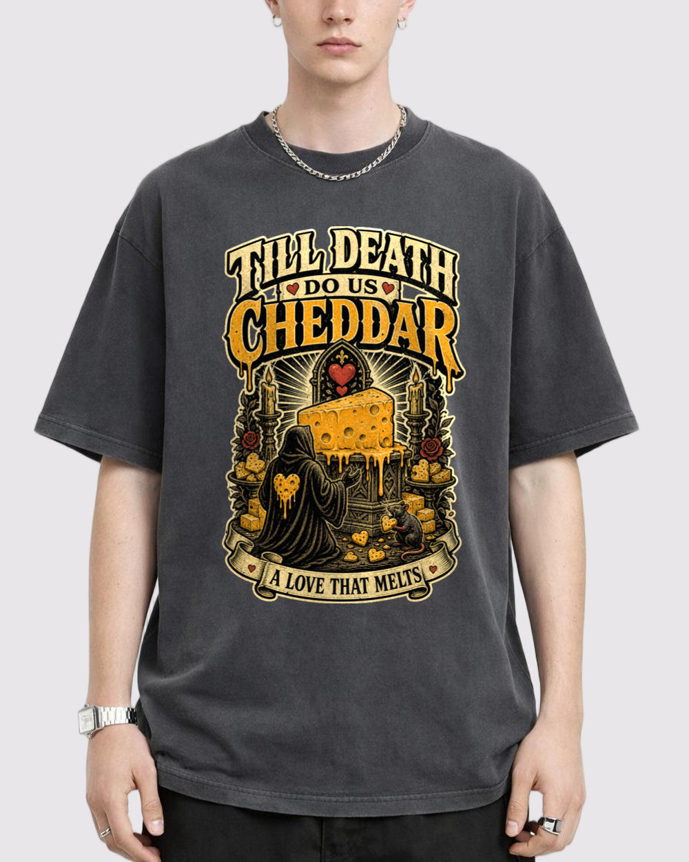 Till Death Do Us Cheddar, A Love That Melts Dark Graphic T-Shirt, primary front view, image 1