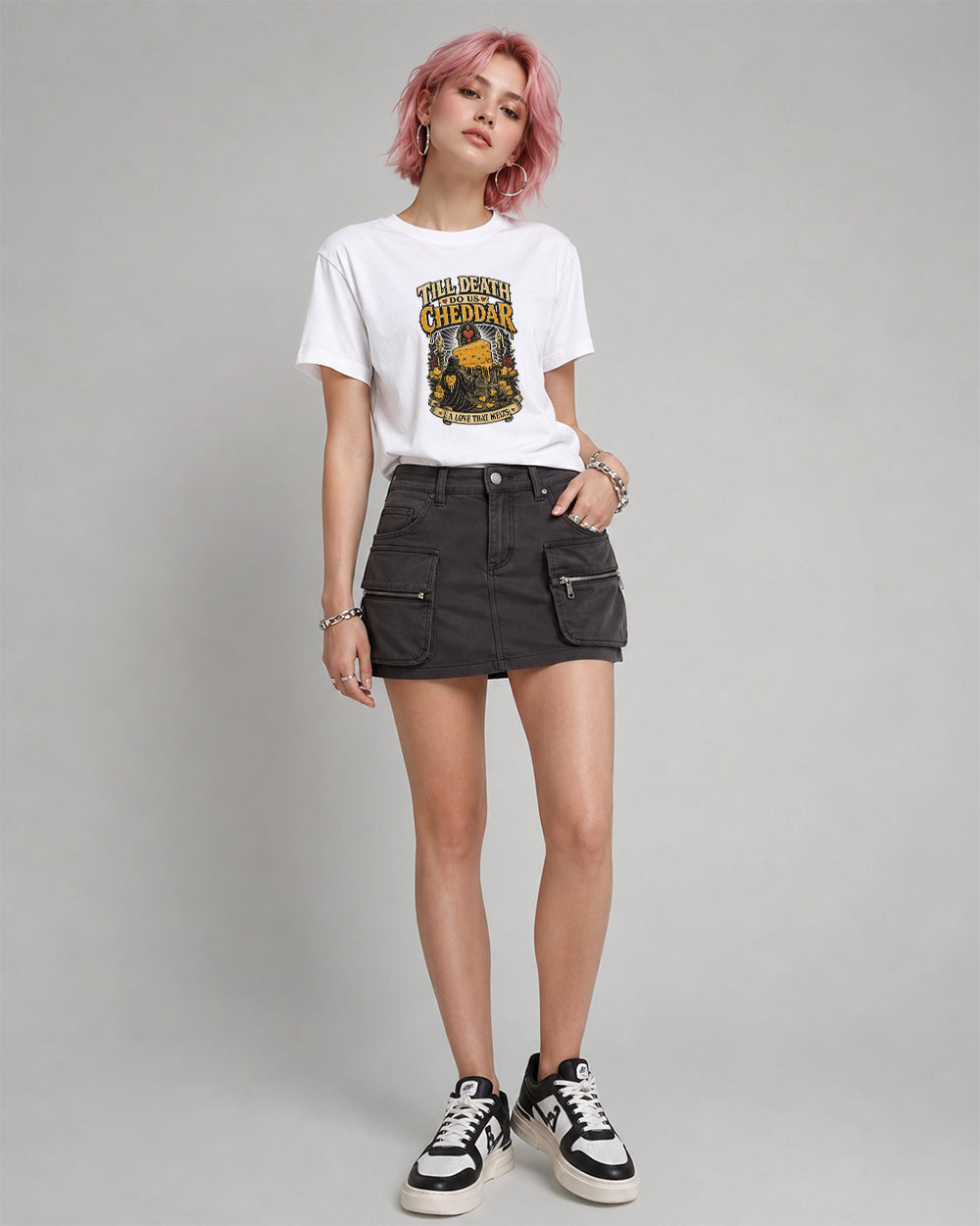 Till Death Do Us Cheddar, A Love That Melts Dark Graphic T-Shirt in White, front model view 2