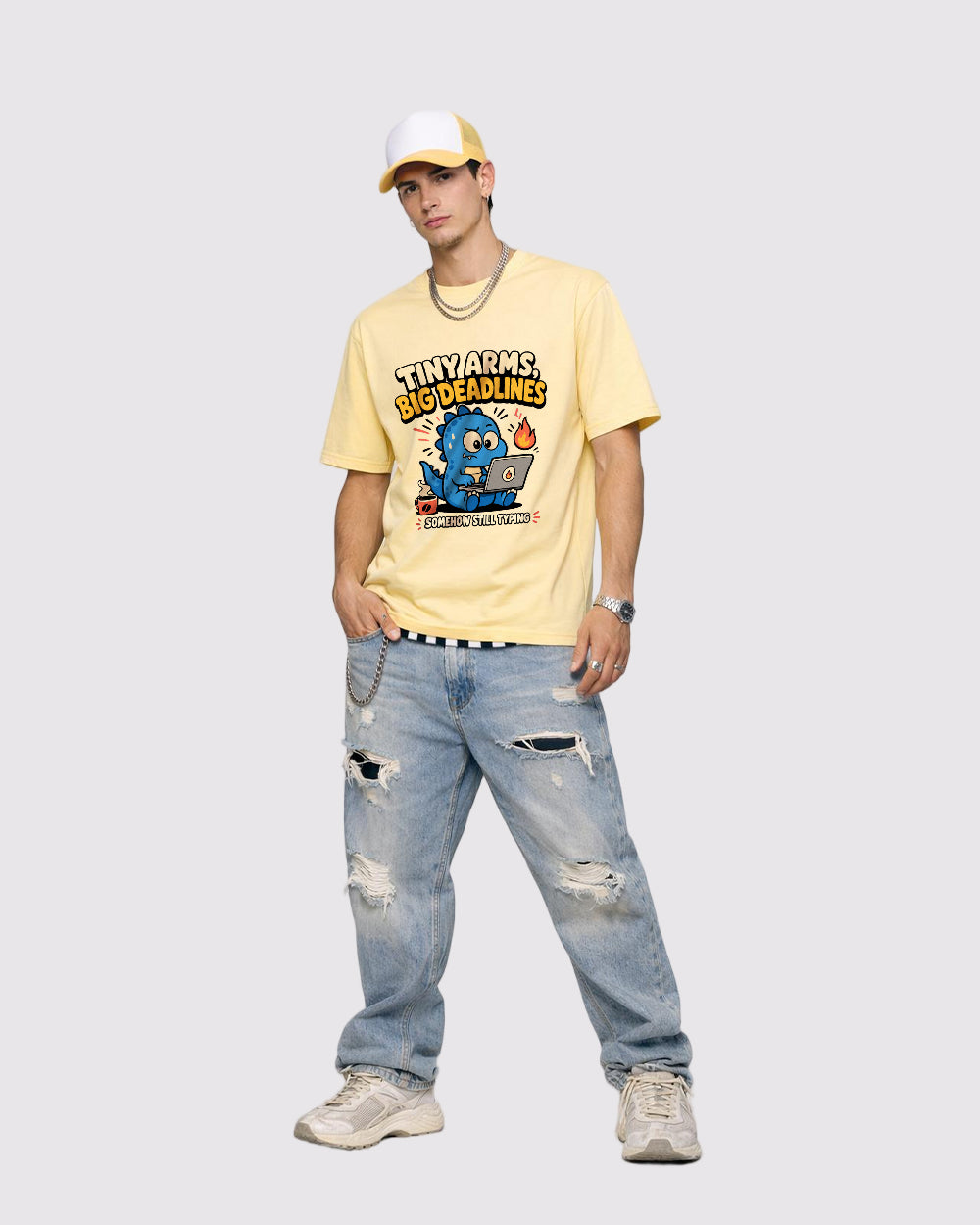 Tiny Arms, Big Deadlines Funny Graphic T-Shirt, full body fit view, image 2