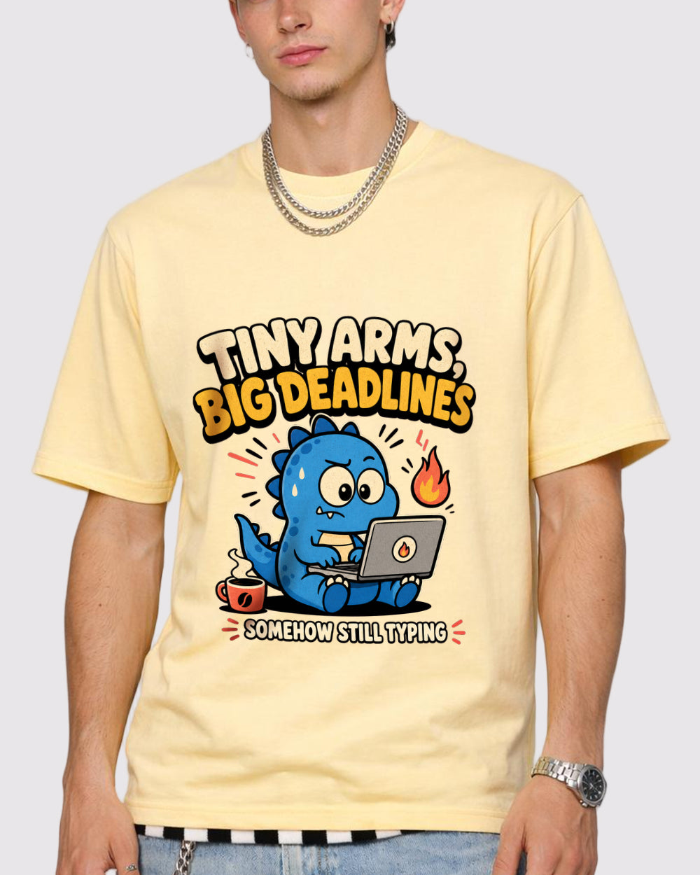 Tiny Arms, Big Deadlines Funny Graphic T-Shirt, primary front view, image 1