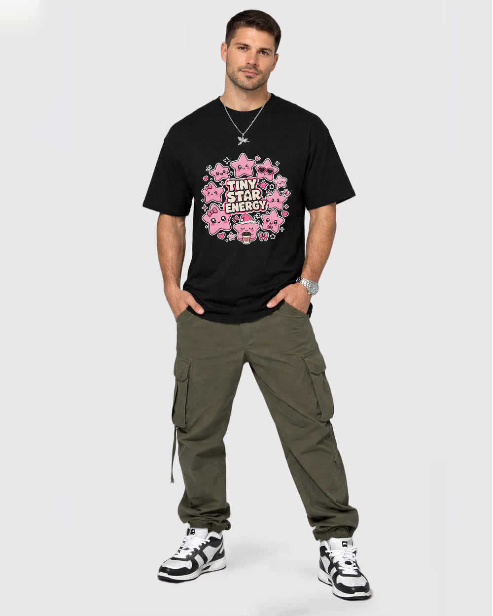 Tiny Star Energy Funny Graphic T-Shirt, full body fit view, image 2