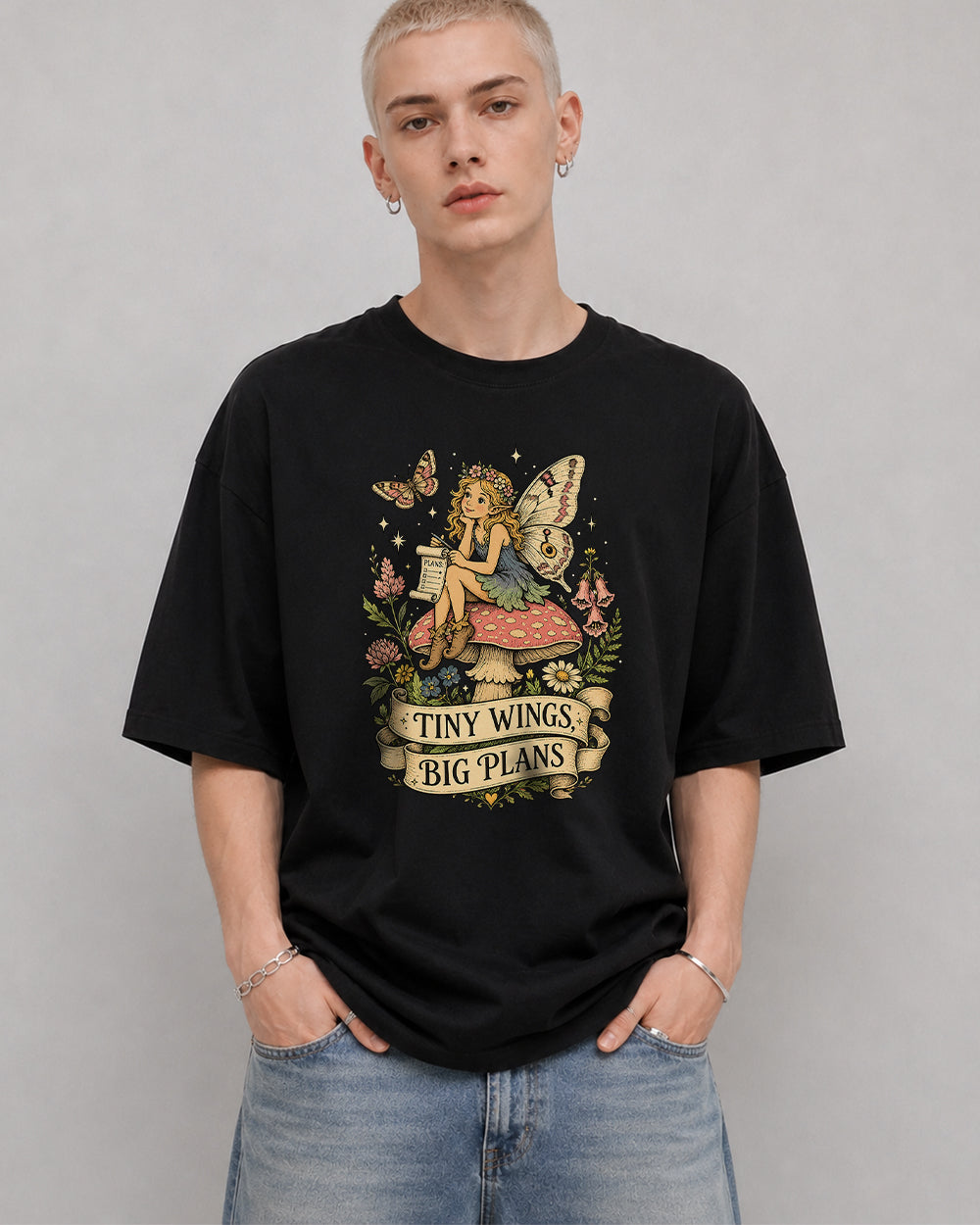 Tiny Wings Big Plans Nature Graphic T-Shirt in Black, front model view 1