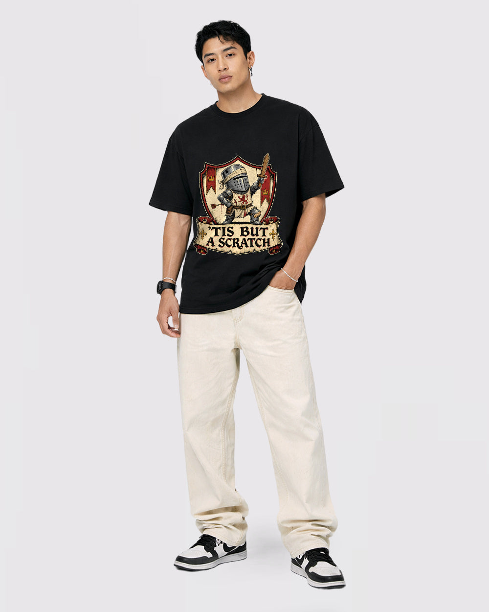 'tis but a Scratch Dark Graphic T-Shirt, full body fit view, image 2