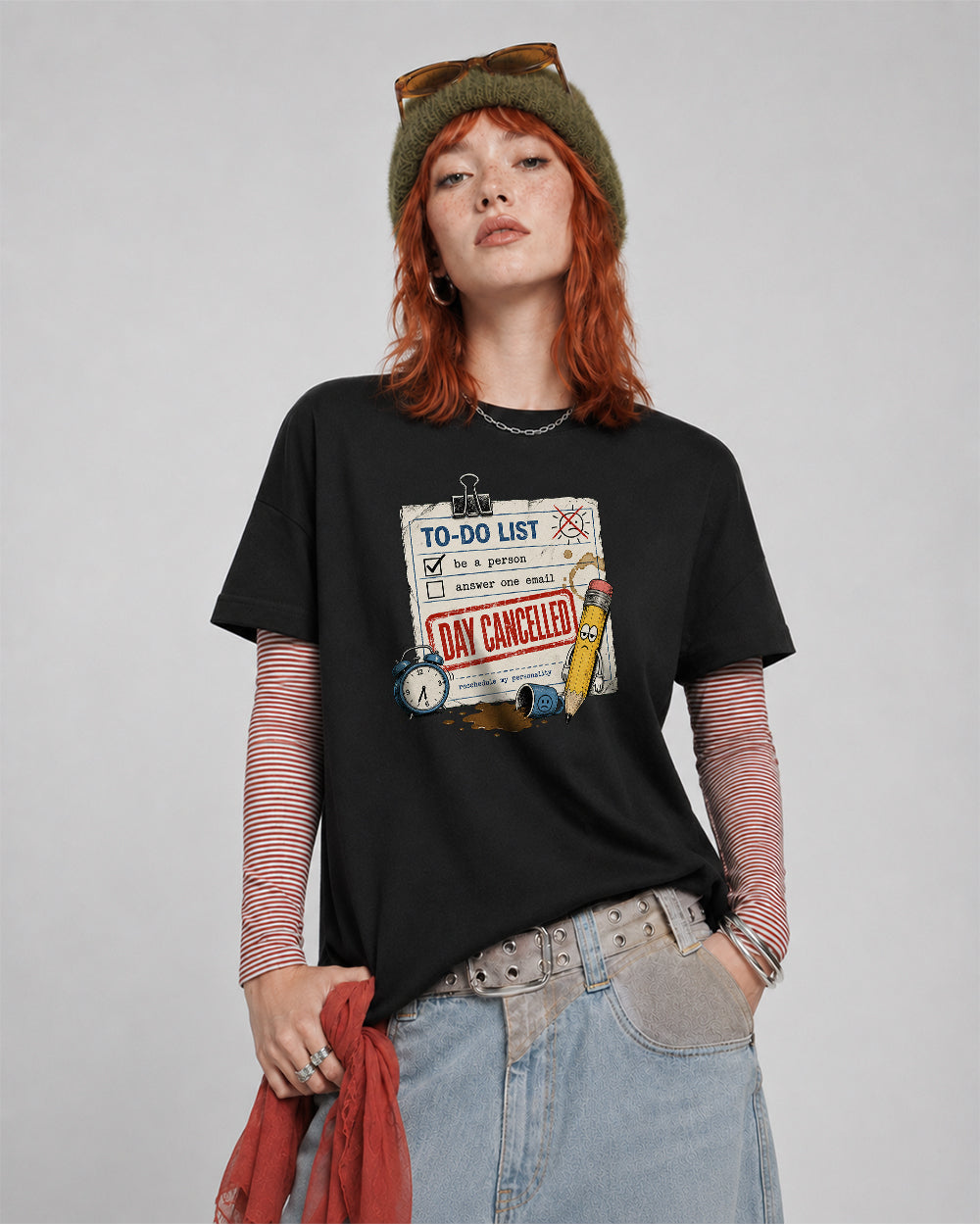 To-Do List, Day Cancelled Funny Graphic T-Shirt in Black, front model view 1