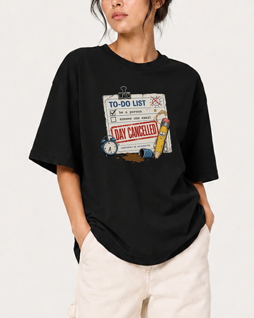 To-Do List, Day Cancelled Funny Graphic T-Shirt in Black, front model view 2
